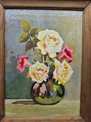 Vintage Still Life Oil Painting Yellow Roses Flowers Framed Wood Wall Art