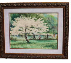 ROBERT R. YOUNG 20th Century Pennsylvania Figures in a Park with Pond watercolor