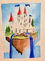 ACEO Original OOAK Signed (Not a Print) „Kingdom in the Clouds“ Fantasy Castle