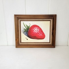 Giant Strawberry Still Life Painting with Rustic Wood Frame