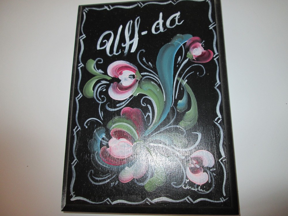 Rosemaled Wood Black Uff Da Plaque Norwegian Painting Rosemaling