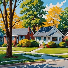 ACEO Art Card Middle Class Neighborhood in the 1950’s with a cozy Street
