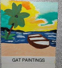 GAT BOAT PALMTREE SEASCAPE LAKE Acrylic Painting Whimsical Art 4X4 INCH NEW