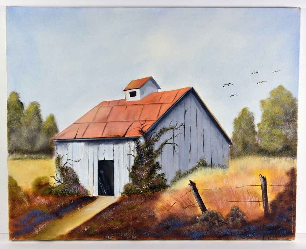 20″ Oil Painting Canvas Lea Mikel Old Country Rustic Art Red Roof Barn #21