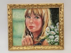 Original oil painting blonde girl green eyes flowers framed signed Dawn Canfield
