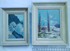 VINTAGE (2) LANDSCAPE PAINTINGS~WINTER W/KAPELLE(CHURCH)~SIGNED PAPSTR-LOOK !