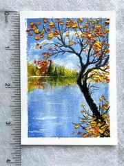 ACEO Original Oil Painting Landscape Autumn on the Lake Small Art 2.5 x 3.5 in