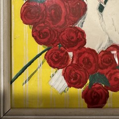 Vtg ORIGINAL Watercolor Painting White DOVES LOVE Red Roses Heart MCM Frame 8×10