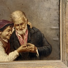 Antique Oil Painting Old Man & Boy Genre Pipe Scene Signed D Triouelli Framed