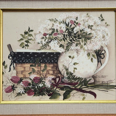 Pat Richter “Bear Paw Prints” Framed Art Flowers Vase Basket Kitchen Decor