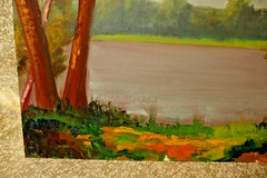 Florence Eisenberg 1965 Oil Painting LAKE MANAWA CB Iowa Waterfront Landscape NR
