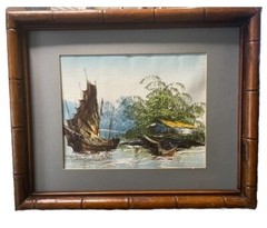 Original Asian Fishing Boats Impasto Painting on Canvas 16 X 13 inch Frame