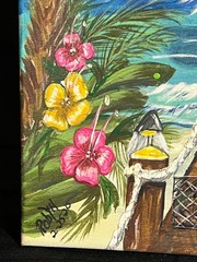 Vintage Nautical Beach Coastal Landscape Painting Seagulls Boat Dock Palm Trees