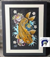 ORIGINAL Watercolor Golden Koi Fish Japanese Art Tattoo Style Painting by Kev G
