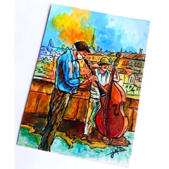 ACEO Original Street Musicians in Prague Music Pop Art Acrylic Hand Painting NEW