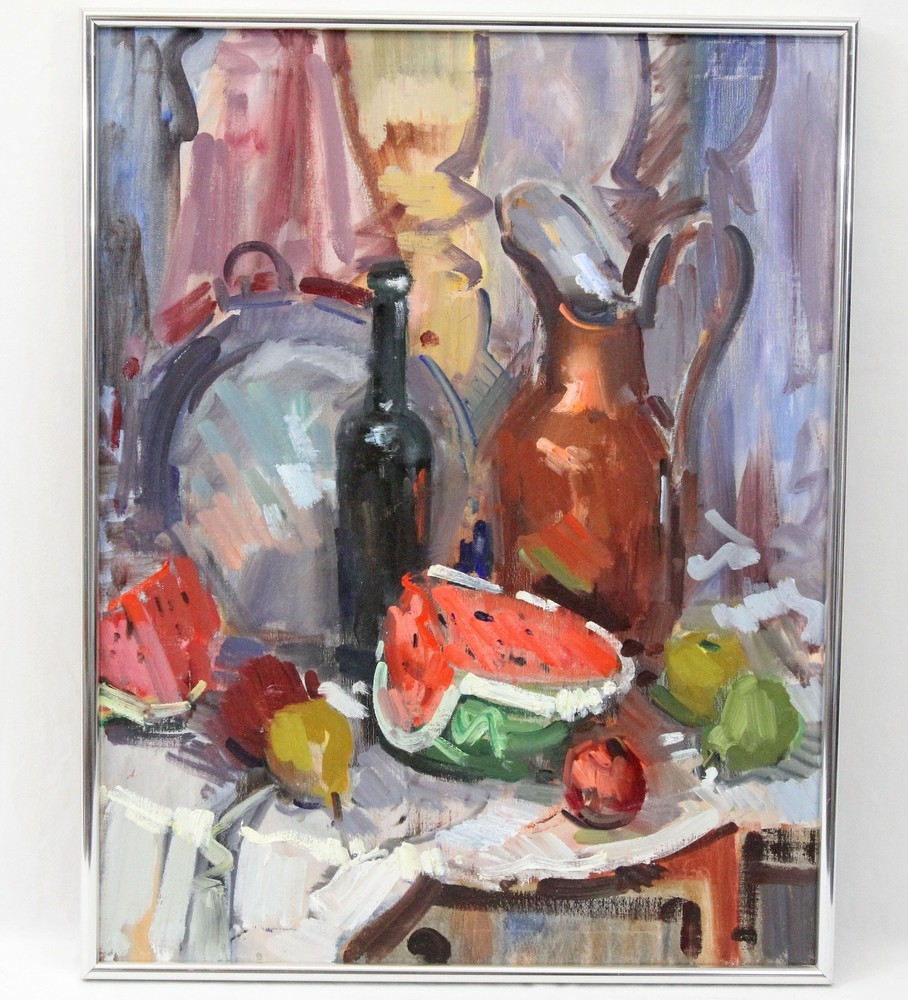 22×28 Mid Century Vintage Oil Painting Still Life Fruit Watermelon Wine Bottle