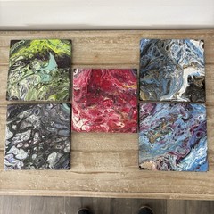 Lot Of 5 Abstract Acrylic Pour Painting On Tile /Fluid Flow Artwork 6” Trivet