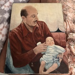 Vintage Oil Painting Real Life Man With Baby By Diane Beek 1979 Canvas Teal Life