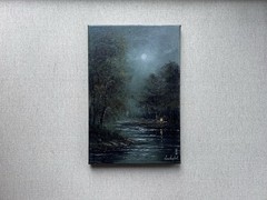 Original Forest River Oil Painting Night Landscape with Campfire Moody Moonlit