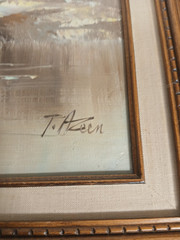 T. Azeen Signed original Oil On Canvas Framed 30″x27″ landscape house on stream