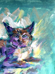 Handmade Colorful Cat Painting, Abstract Pet Portrait Wall Art, A4 Unframed