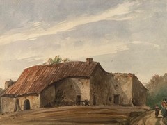 19th Century Antique Paper Painting 1840 Landscape Farm Old Art Drawing