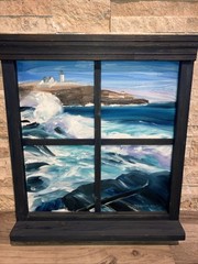 Dalton Hand-Painted Window Art With Ocean Scene & Light House On Bluff 20×23.5”