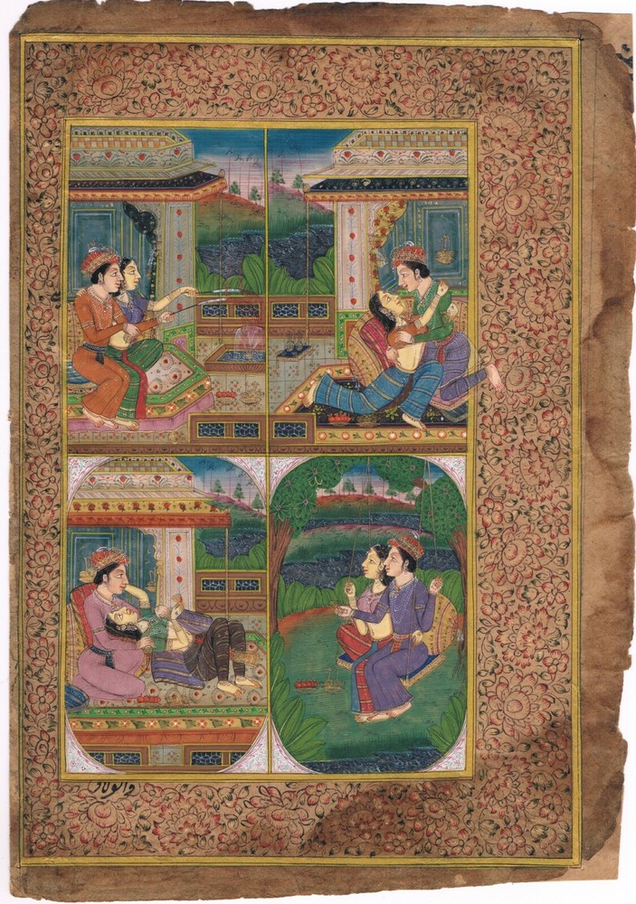 Indian Miniature Painting Of Mughal Emperor & Empress in Love Scene 7×9.5 Inches