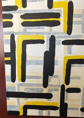 Original Abstract Acrylic Painting Yellow Black Gray Geometric Grid Modern Wall