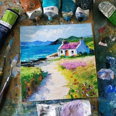 Ireland Original Painting Irish Cottage Blooming Heather Oil Painting Unframed