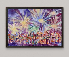 Original 11×14 Expressionism Fireworks Abstract Acrylic Canvas Signed Decor