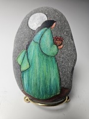 Original Art Painting Stone of Woman Gathering Peppers And Moon by Gloria Larsen