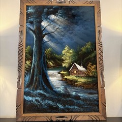 Vintage Chuy Moran ? Black Velvet Cabin Waterfall Landscape Painting 27×40