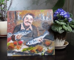 A generous man & two fishes fun modern portrait 8×8″ still life oil painting art