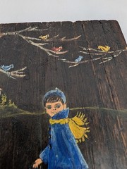 Vntg Signed Painting On Reclaimed Board Boy W Dog Attached Artist Card