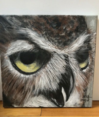 Original acrylic painting great horned owl on canvas 12x12x0,5 inches wall art