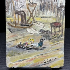 Vtg Painting On Slate Signed Dad Son & Dog Wall Hanging Primitive Decor 12 x 6″