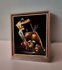 VTG 1970s Mexican Black Velvet Painting Matador Bull Fight LRG MCM Kitsch 24×28