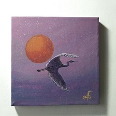 Original Acrylic Bird Painting Crane Sunset Impressionist Landscape Canvas Art