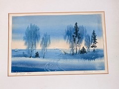 Vintage Signed V. Manzya “Frost” Russian Watercolor Painting Blue Kazakhstan