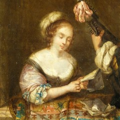 18th Century Dutch oil on canvas love couple reading playing lute 47×36 cm