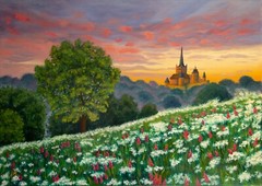 Sunset Landscape Original Oil Painting Cloud Old castle Wildflowers Trees