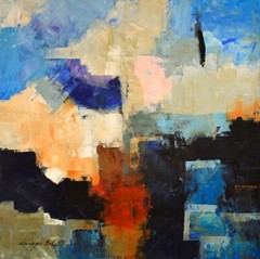 Large original abstract art painting. Blue, sage green, red, brown, turquoise.