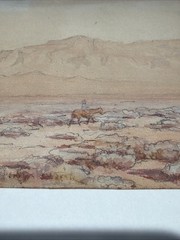 Vintage Western Watercolor Landscape Painting With Cowboy On Paper 6×12 Inches