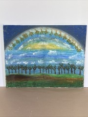 Original Painting Surreal Earth Sky Trees Dreamscape Clouds Signed Goug 22×28”