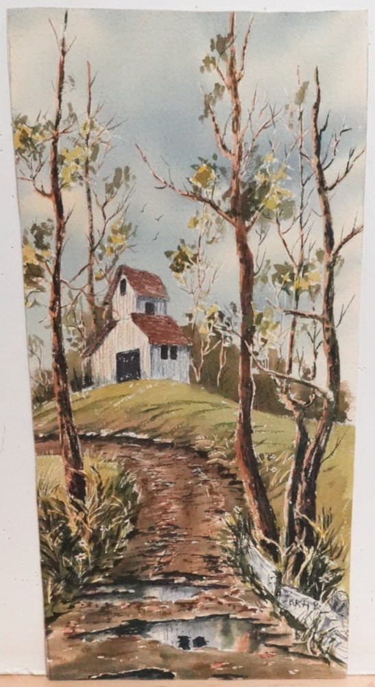 BETTY KAY ORIGINAL WATERCOLOR WHITE BARN ON THE HILL LANDSCAPE PAINTING
