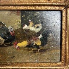 Oil Painting Turkey and Chickens Signed Max Haenger Animal Painter Painting on Wood