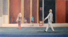 Original oil pastel painting of people walking in the city by artist Daniel Wend