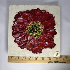 Original Eddie Powell Acrylic Red Dahlia Flower Painting On Wood Signed 7 x 7 in