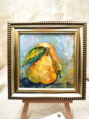 Original Oil Painting 4×4 in Framed Signed Pear Fruit Impasto Art Wall Decor